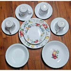 24pc Corelle Chutney Dinnerware set Plates/Bowls/Cups Saucers swirl fruit design